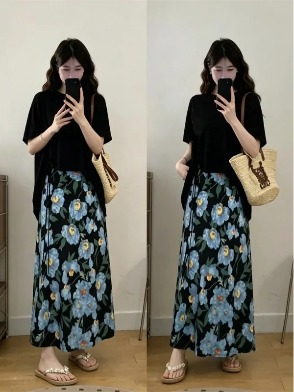 

plus Size Summer Vintage Short Sleeve T-Shirt And Floral High Waist Skirt Two Piece Set for Women plus Size Fashion Outfit