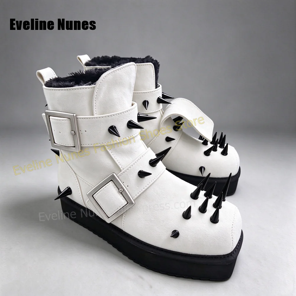 Punk Gothic Fashion Platform Ankle Boots White Faux Suede Spiked Studded Boots Double Buckle Strap Winter Causal Footwear 2026