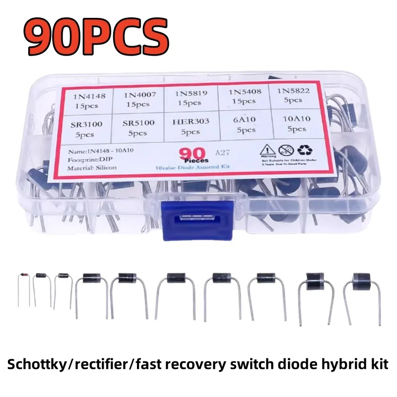 90PCS 10values commonly used diode Schottky/rectifier/fast recovery switch diode hybrid kit 1N4148 1N4007 1N5819 1N5408 1N5822