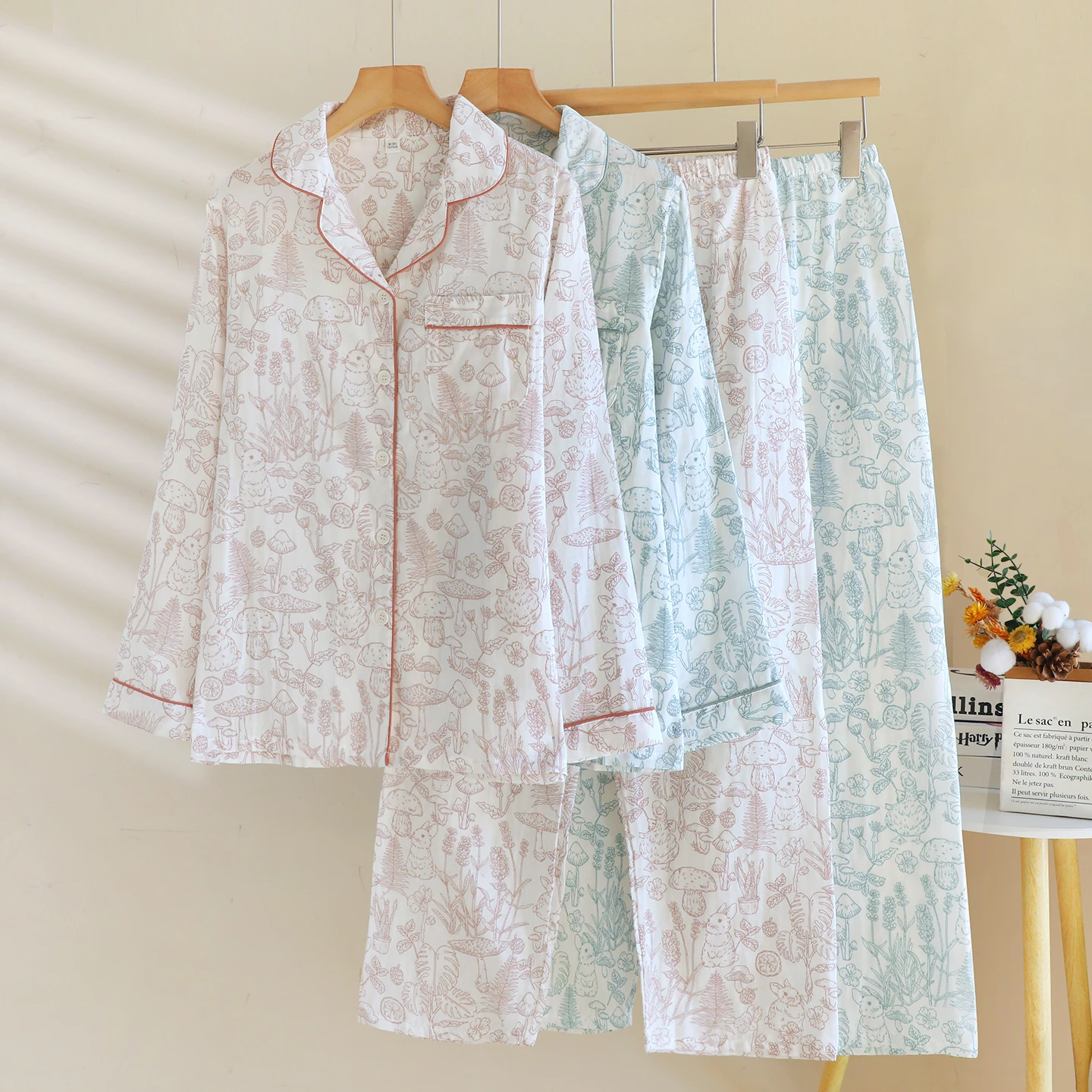2-Piece Womens Pajama Set, Japanese Style Sleepwear, Double Gauze Cotton Button-Down Long Sleeve & Relaxed Fit, Lightweight & B