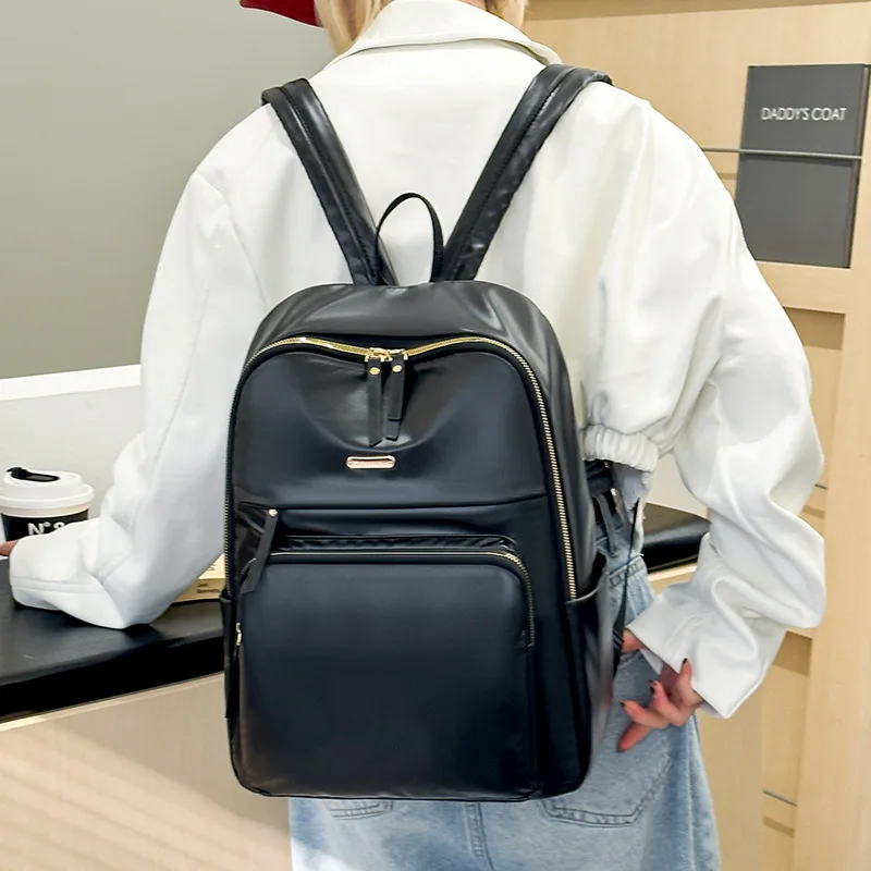 1 piece business backpack for women with large capacity laptop bag for college students, shiny leather solid color backpacks sac