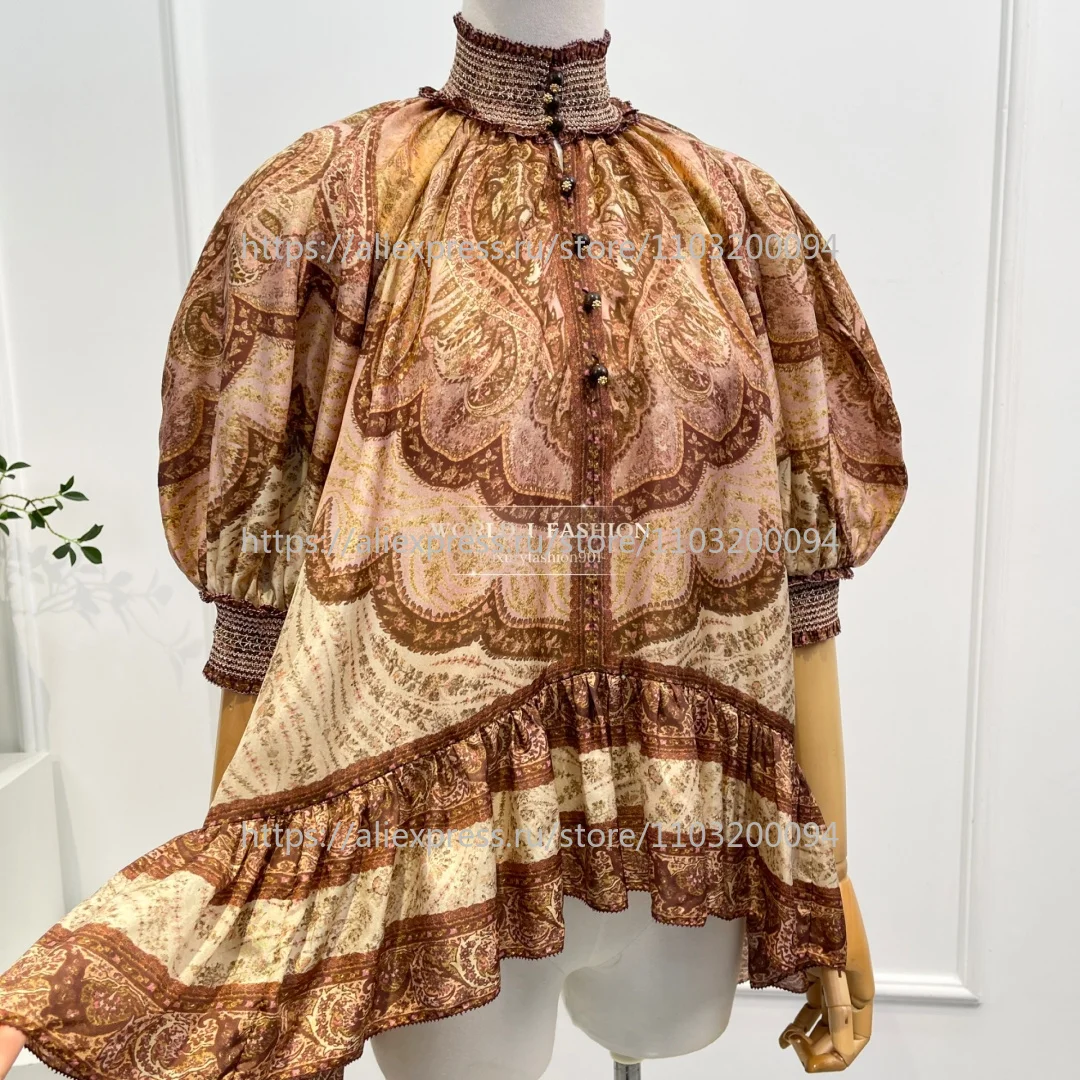 

Шелковая высококачественная блузка с цветочным принтом и короткими пышными рукавами, водолазка с оборками, топы и юбка-миди, комплект женской одежды