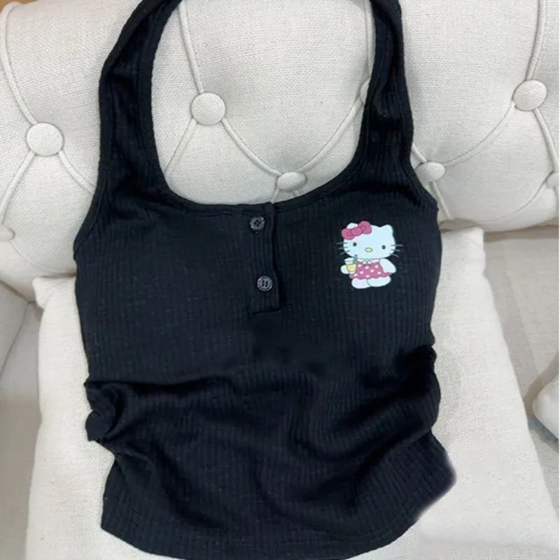 Sanurgente Hello Kitty Precious Top Y2k pour femme, court, serré, sangle de cou, dessin animé, filles mignonnes, haut en fibre précieuse, cadeaux, été