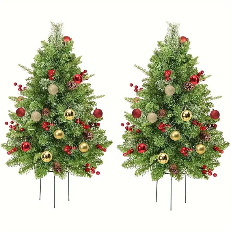2 Sets 30 Inch Pre-Lit LED Outdoor Christmas Trees for Porch Decor with 300 Lush Branches and Pine Cones