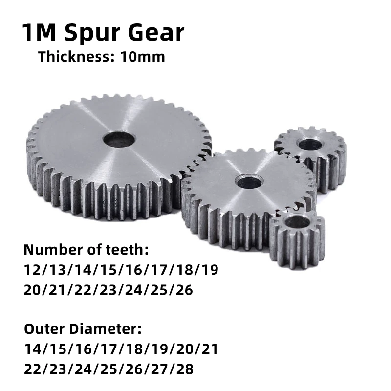 1pcs 1-Mode Spur Gear Teeth Number 12-26 Teeth Outer Diameter 14mm-28mm Thickness 10mm Carbon Steel Material Motor Gear