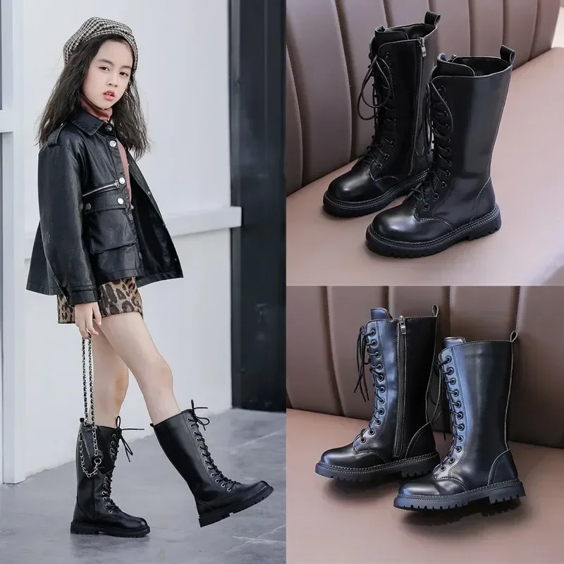 Kids Boots Girls Long Boots Black Fashion Autumn Winter Children Motorcycle Boots Classic Rubber Boots High Classic Princess Zip