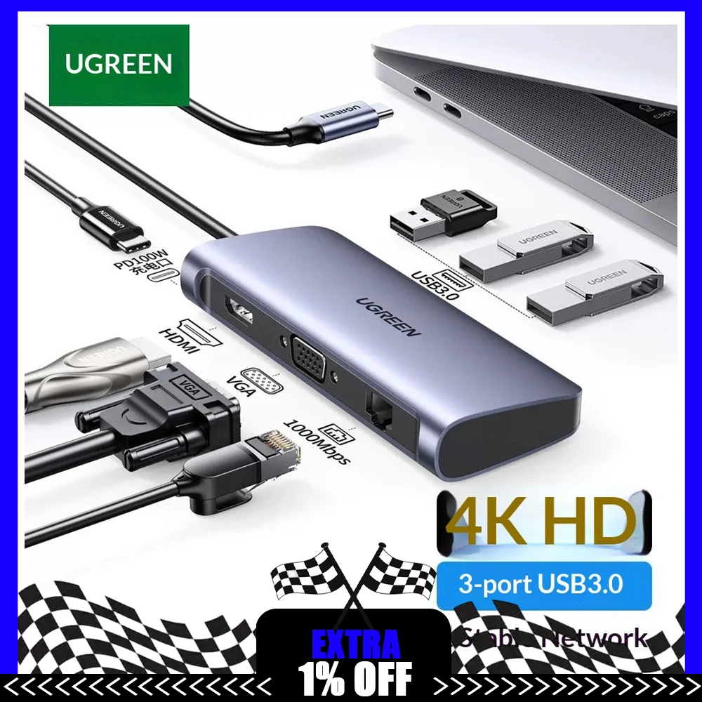 UGREEN 60557 USB C Hub HDMI VGA Gigabit Ethernet Docking Station Multiport Adapter USB Splitter for Laptop Computer Monitor