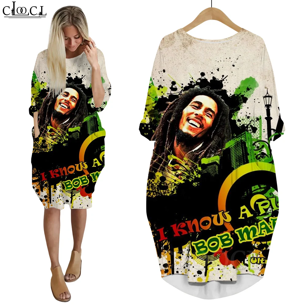 CLOOCL New Fashion Dress Bob Marley Famous Singer 3D Printed Long Sleeves Pocket Dresses Oversized Dress for Women