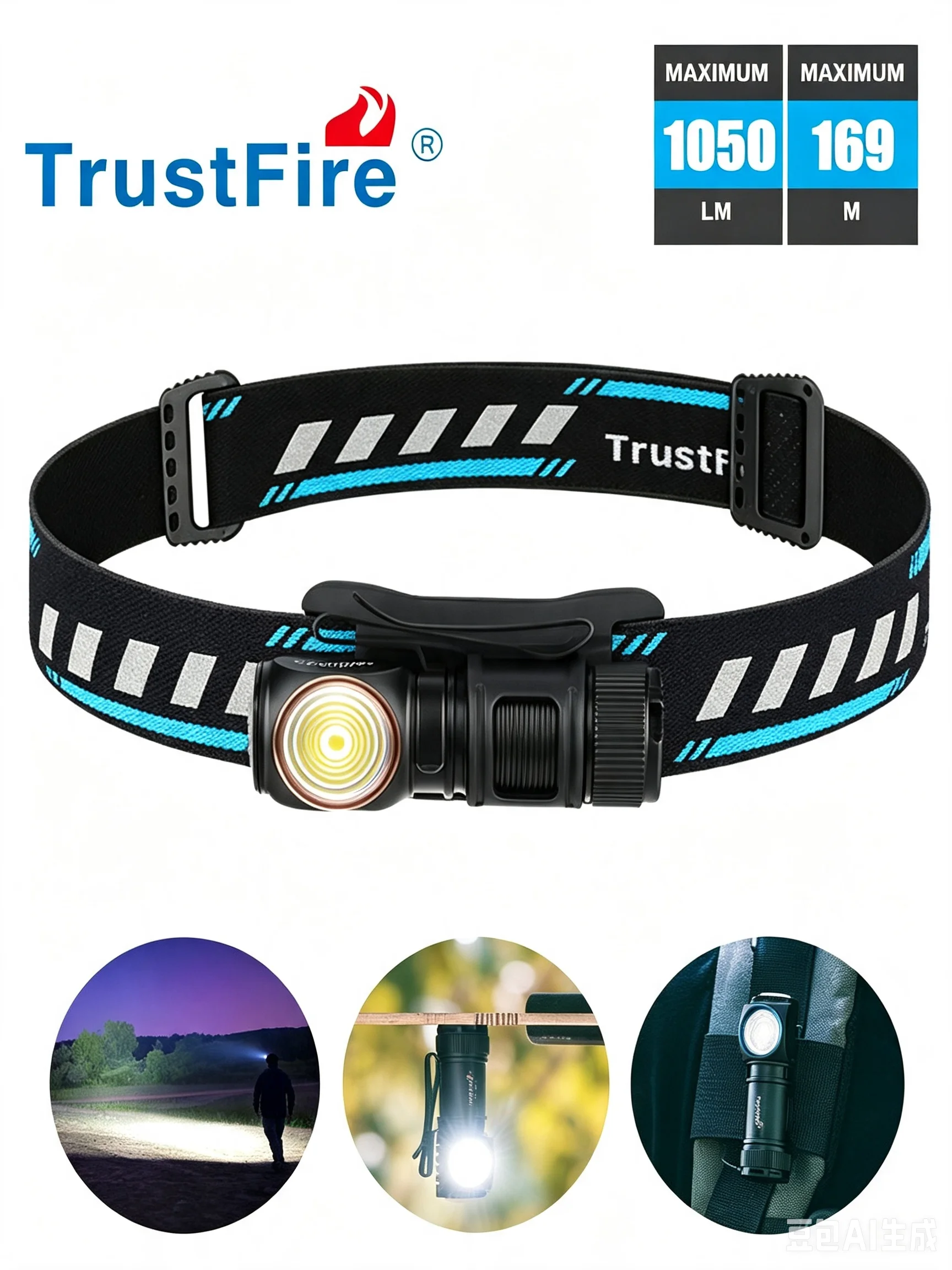 Trustfire MT16 Trustfire 1050 Lumen LED Headlamp USB-C Rechargeable White Light IPX6 Waterproof Camping Hiking Running Fishing Outdoor