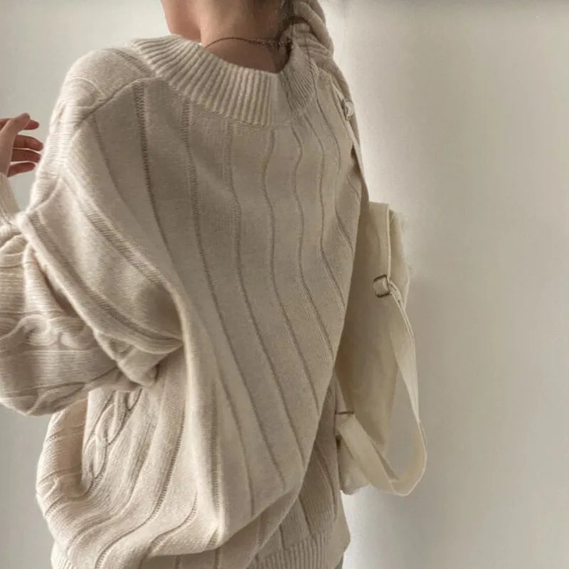 شيك المرأة محبوك سترة فضفاضة V-Ne الخريف الشتاء Thiened طويلة Sve بسيطة الملتوية مخطط تصميم رداء علوي غير رسمي