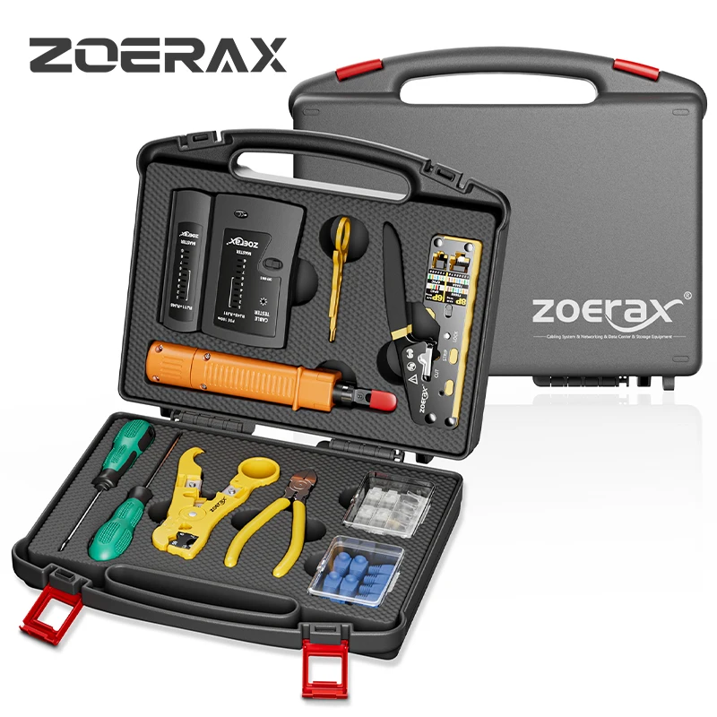 Network Tool Kit, ZoeRax RJ45 Crimp Tool kit Pass Through Crimper RJ45 Crimping Tool, Cable Tester, Punch Down Tool, Stripper