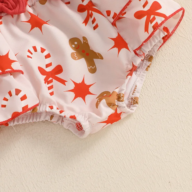 0 to 18 Months Christmas Baby Girls Shorts Sets Long Sleeves Bodysuit and Gingerbread Print Overalls Shorts Cute Headband