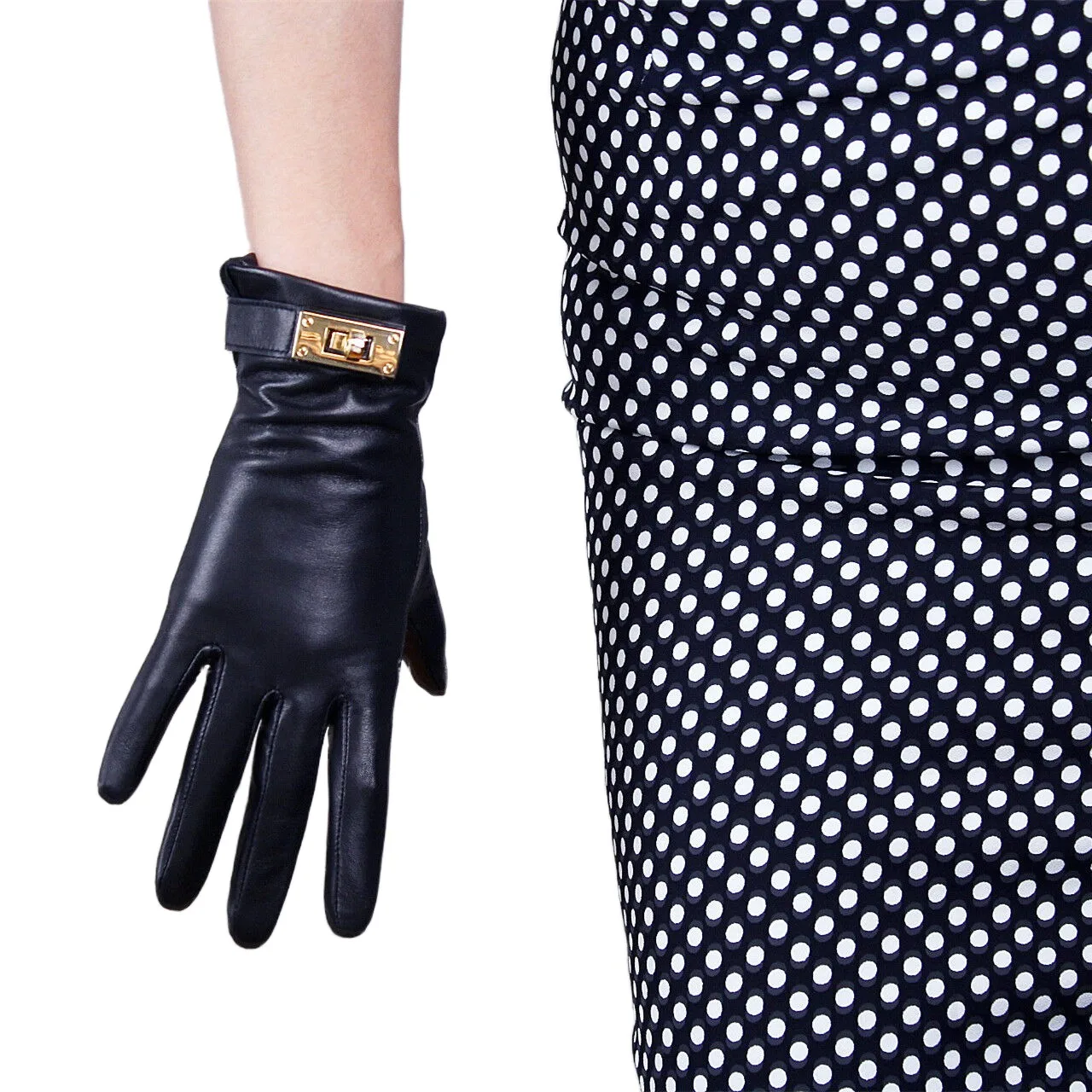 

DooWay Black Women's TECH GLOVES Real Leather Short Black Lambskin Sheepskin Golden Button Closure Driving Winter Warm Glove