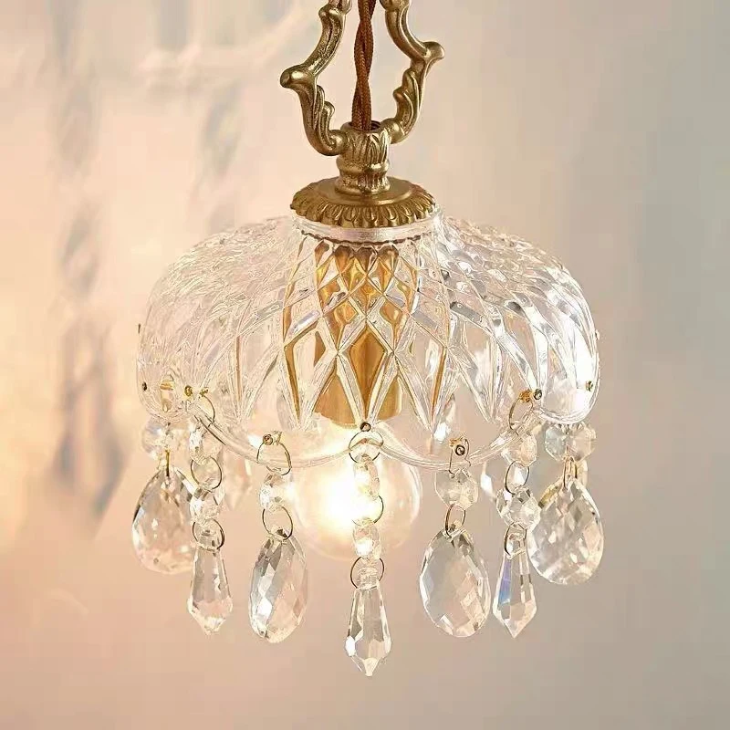 

French Crystal Small Chandelier Atmosphere Retro Light Luxury Copper Bedroom Bedside Porch Aisle Corridor Balcony Hanging Lamp