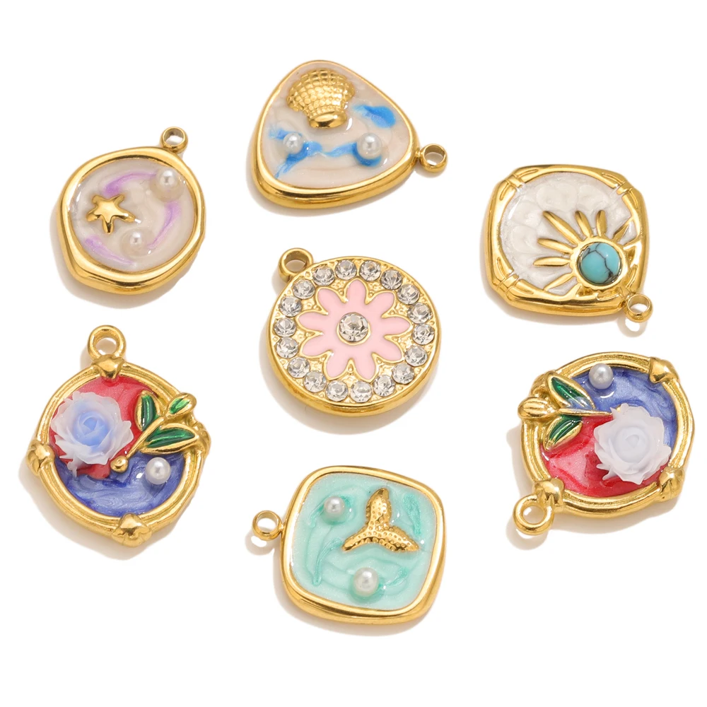 

5pcs Stainless Steel Enamel Ocean Flower Charms for Jewelry Making DIY Earrings Key Ring Connectors Jewelry Pendants Crafts
