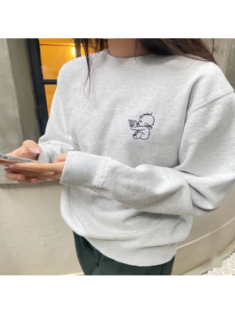 Casual Women Grey Angel Embroidery Sweaters 2022 Autumn Fashion Ladies Vintage O Neck Long Sleeve Female Chic Pullovers