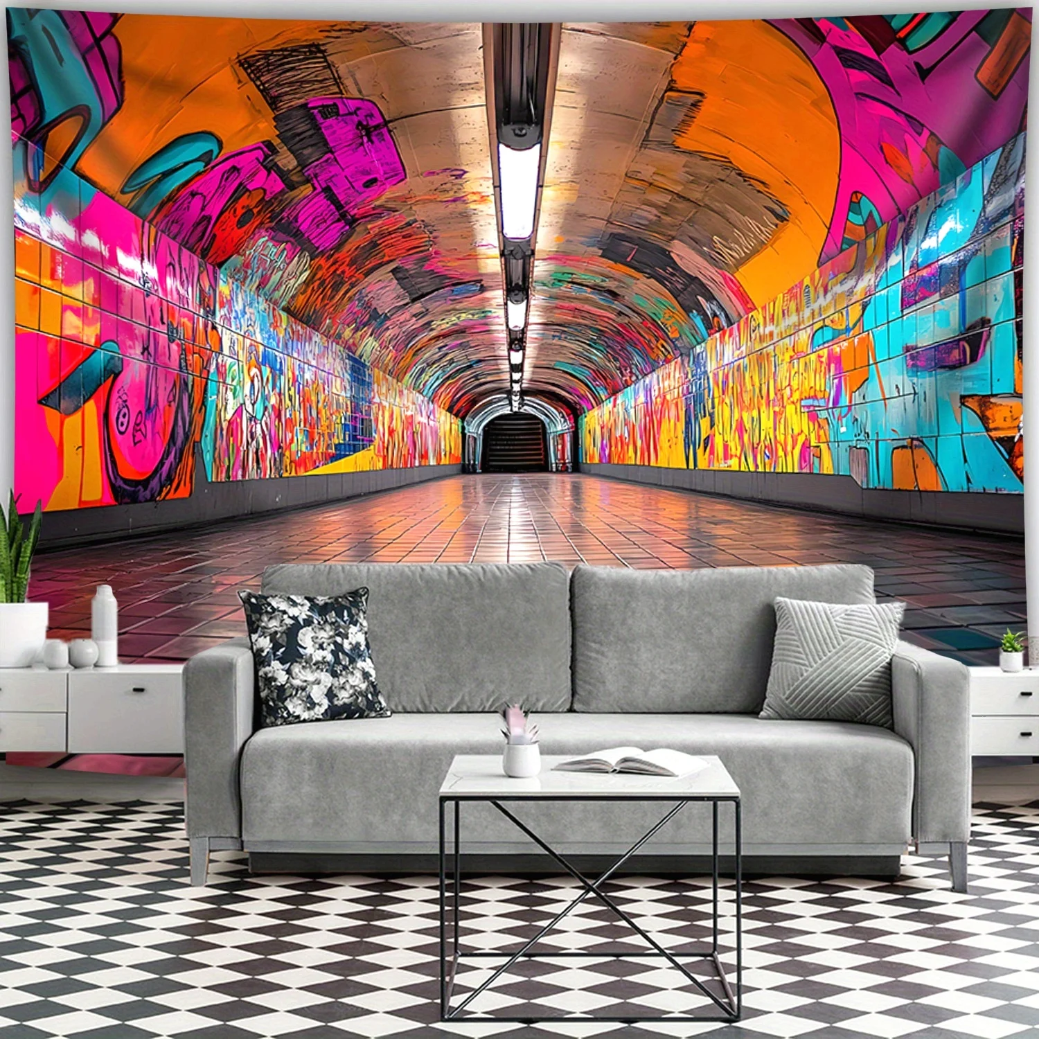 1pc Ultra Large Graffiti Tunnel Landscape Tapestry - Vibrant Abstract Digital Print, Aesthetic Polyester Wall Hanging for Living