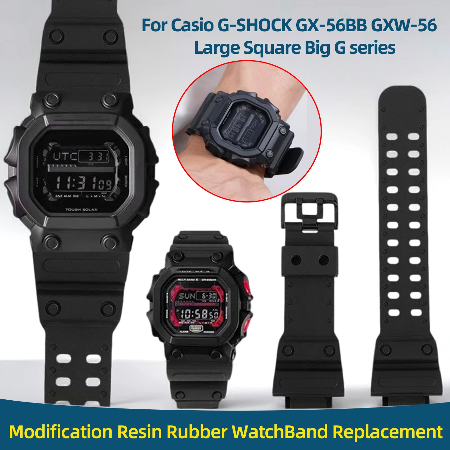

Ремешок для часов Casio G-SHOCK GX-56BB GXW-56, большой квадратный, серия Big G, модифицированный, черный, из полимерной резины, мужской, сменный.