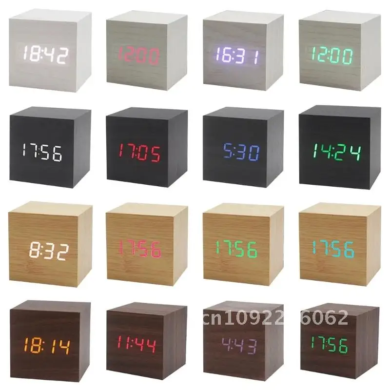 Wood Cube Voice Control Alarm Clock Bedroom Ship School Office Drop Table Decoration