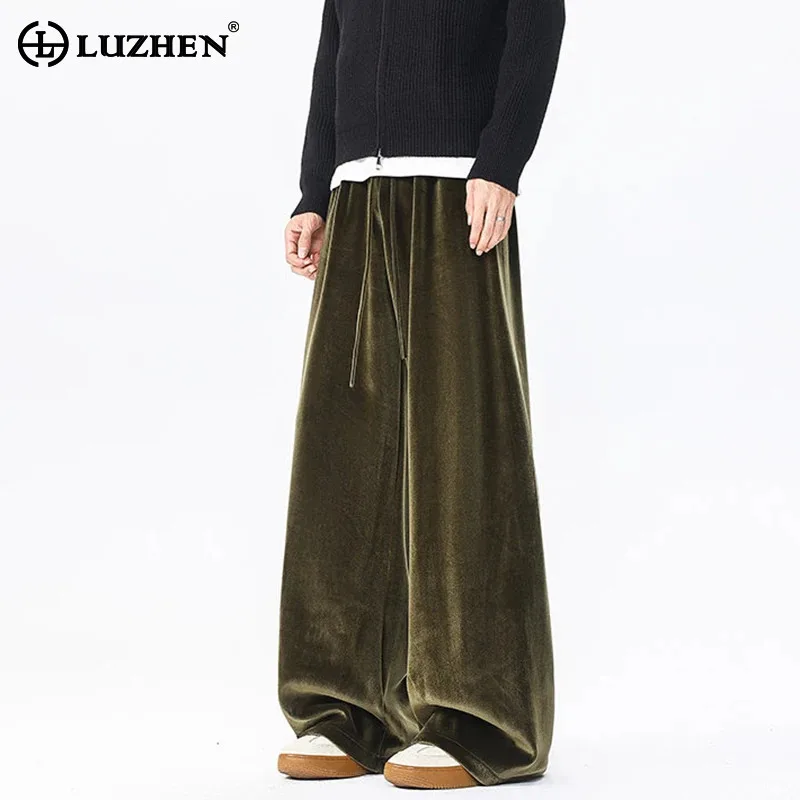 

LUZHEN High Quality Glossy Flannel Loose Straight Casual Pants Men Solid Color 2025 New Trendy Handsome Wide Leg Trousers JY5607