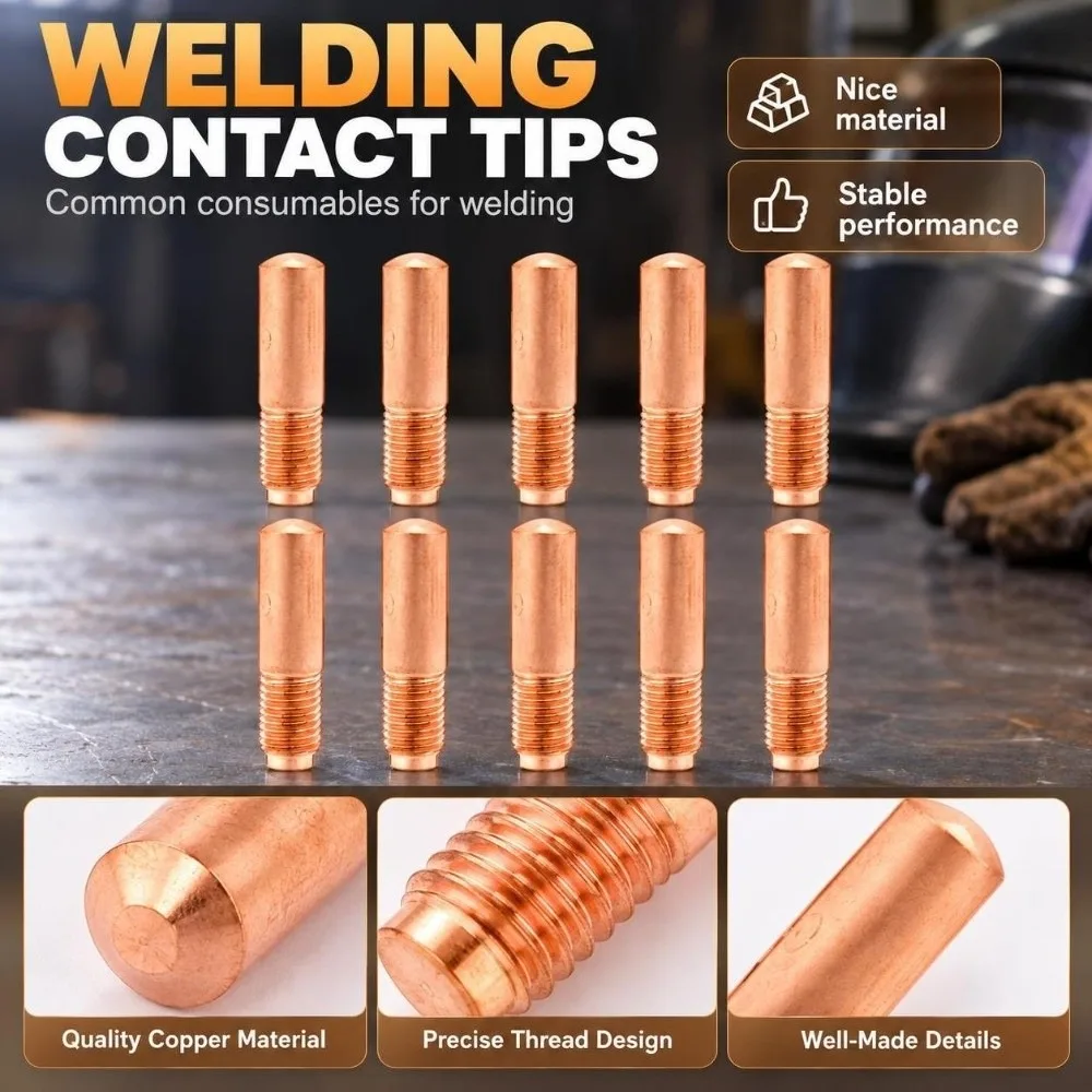 10 Pcs 0.9mm Size MIG Welding Contact Tips Copper Smooth Surface Welding Gun Tips Copper Contact Tips Welder Accessories