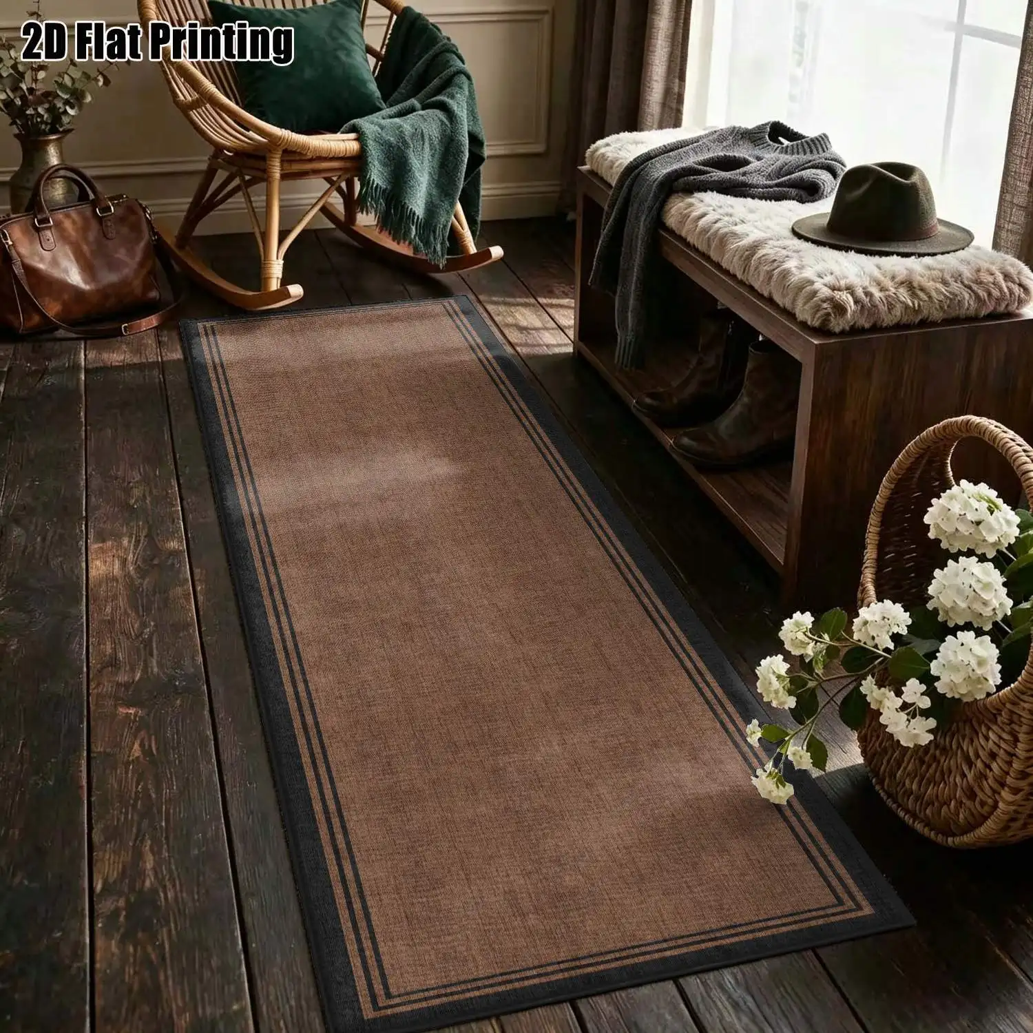 1Pc 2D Printed Brown Solid Color Geometric Nordic Modern Minimalist European Long Strip Runner Rug, Home Decor, Multiple Sizes, Machine Washable, for Hallway Entryway Living Room Bedroom