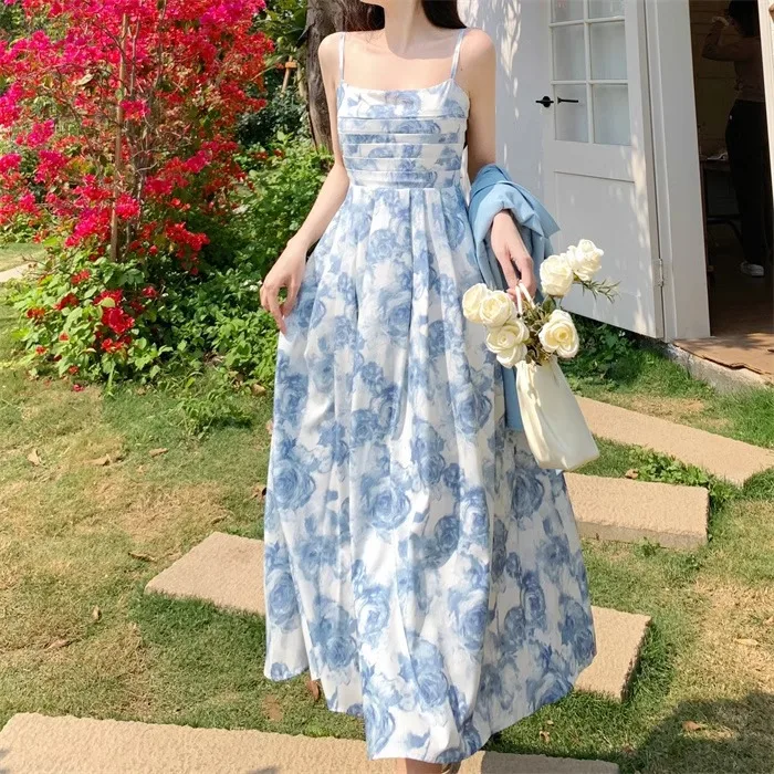 New Retro Design Floral Strap Dress Seaside Vacation Style Easy Matching Sling Beach Dress