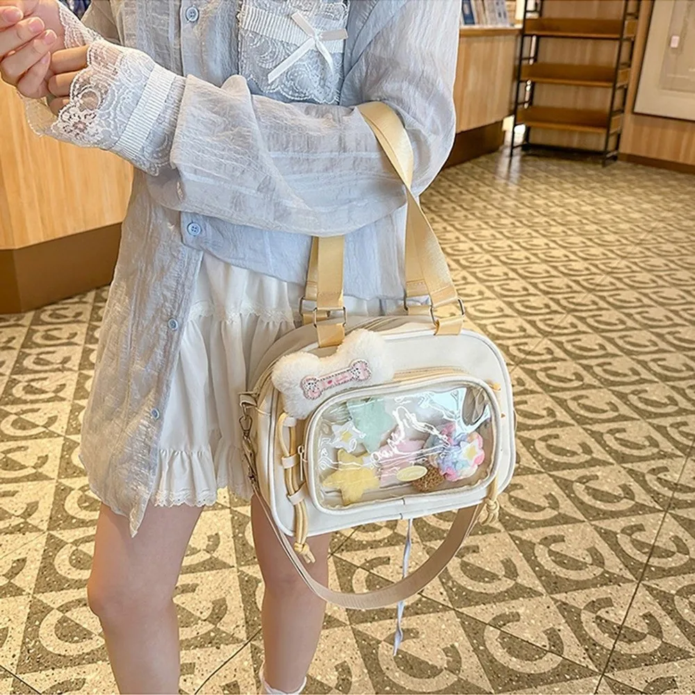 Funny Cream Color Ita Bag Japanese Style Patchwork Pattern Transparent Pocket Backpack Large Capacity DIY