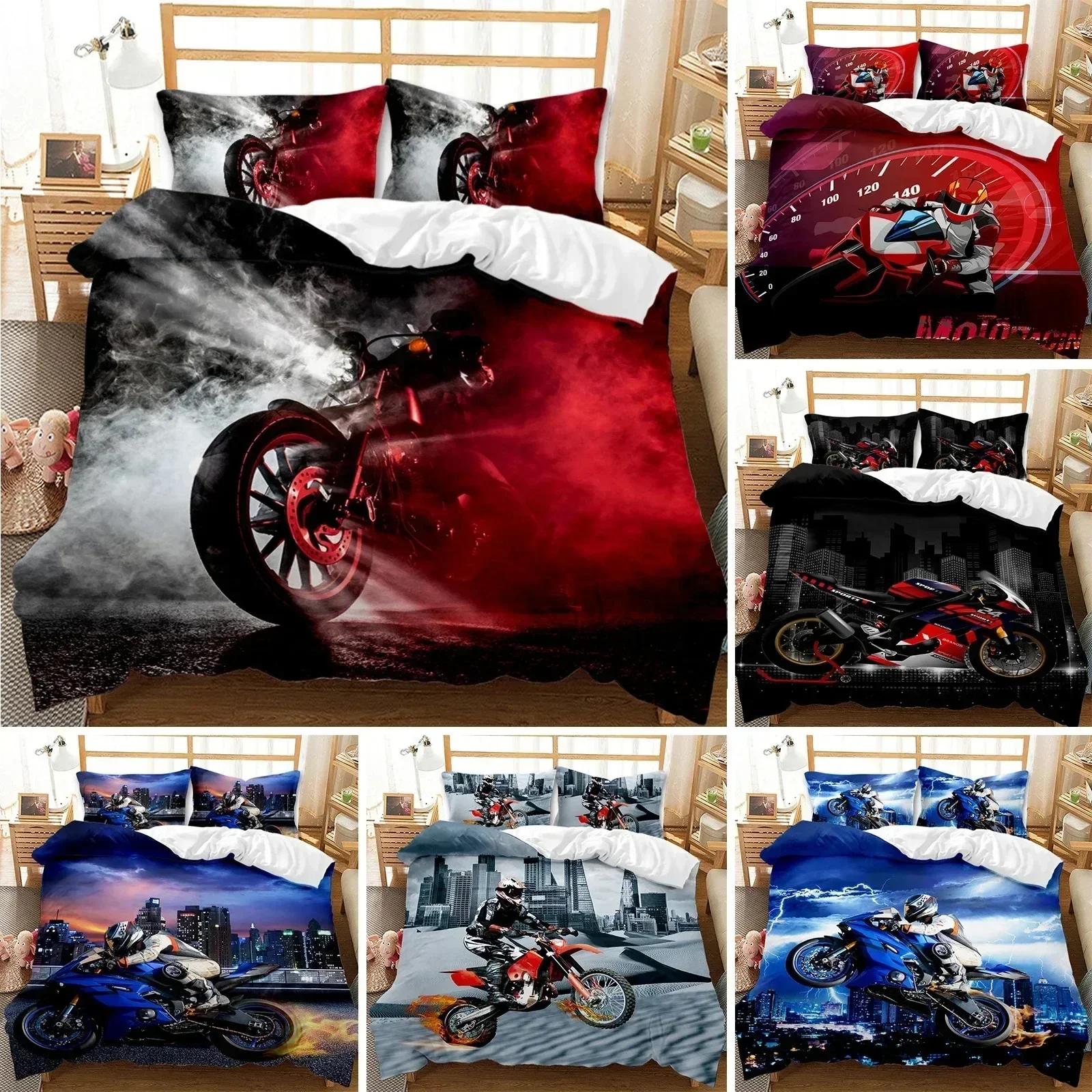Motorbike Duvet Cover Set Motocross Rider Racing Motorcycle Dirt Bike Bedding Set Vehicles Extreme Sports Polyester Quilt Cover0