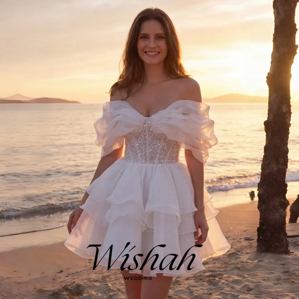 Wishah Customized Elegant Off-the-shoulder Sweetheart Neck Sequins Backless Tiered A-line Bridal Gown for Wedding Party 2027