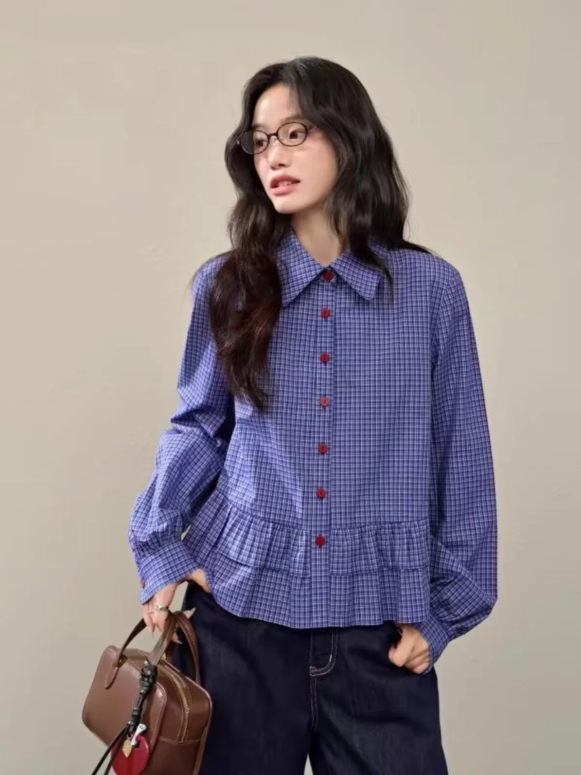 

Синяя клетчатая рубашка с длинным рукавом для женщин, новая весенняя коллекция Sle Miu, укороченная, с цветочным принтом, для повседневной носки, дышащая, из хлопка