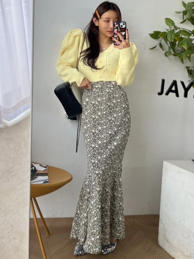 Floral A-Line  Skirt Women's High Waist Slimming Hip Covering Summer New Sle Floral Print Skirt Fi Tail Skirt