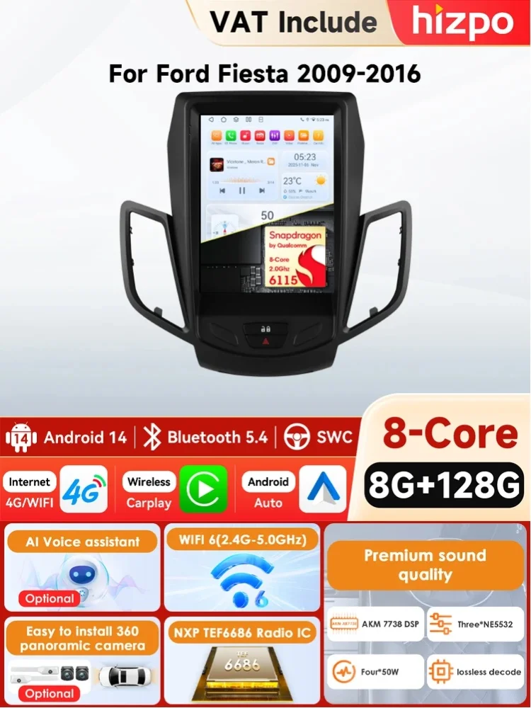 6115 Android 14 9,7' Snapdragon Autoradio für Ford Fiesta MK7 2009-2017 Multimedia-Player GPS-Navigation Stereo Carplay 4G 360°-Kamera AI 9,7 Zoll Tesla-Style Intelligenter Bildschirm QLED-Display