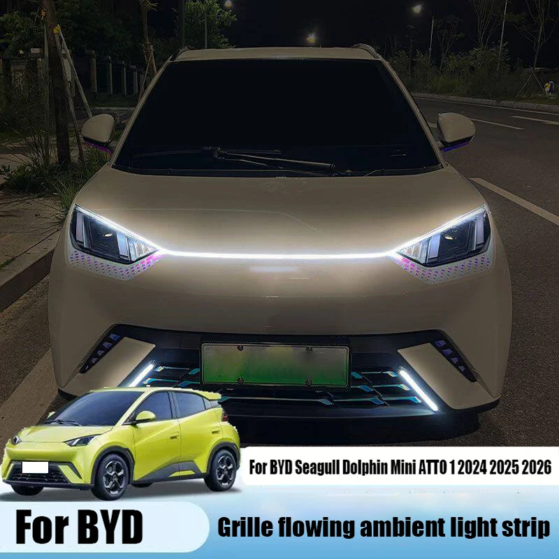 For BYD Dolphin Mini ATTO 1 Dolphin Surf Seagull 2024 2025 2026Automobile front grille flow light strip hood ambient light strip