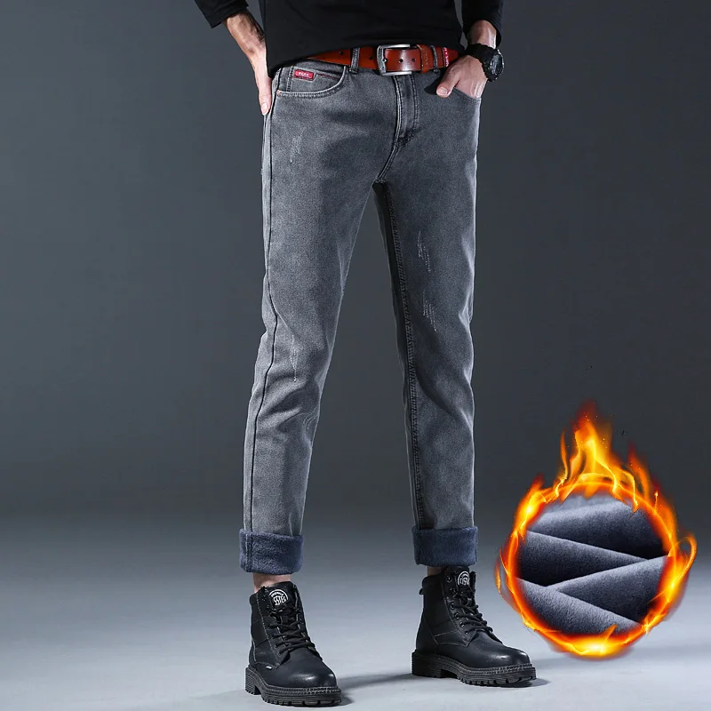 Winter New Men\'s Plush Warm Denim Pants Slim Straight Gentleman Slacks Fashion European American Style Stretch Men Luxury Jeans