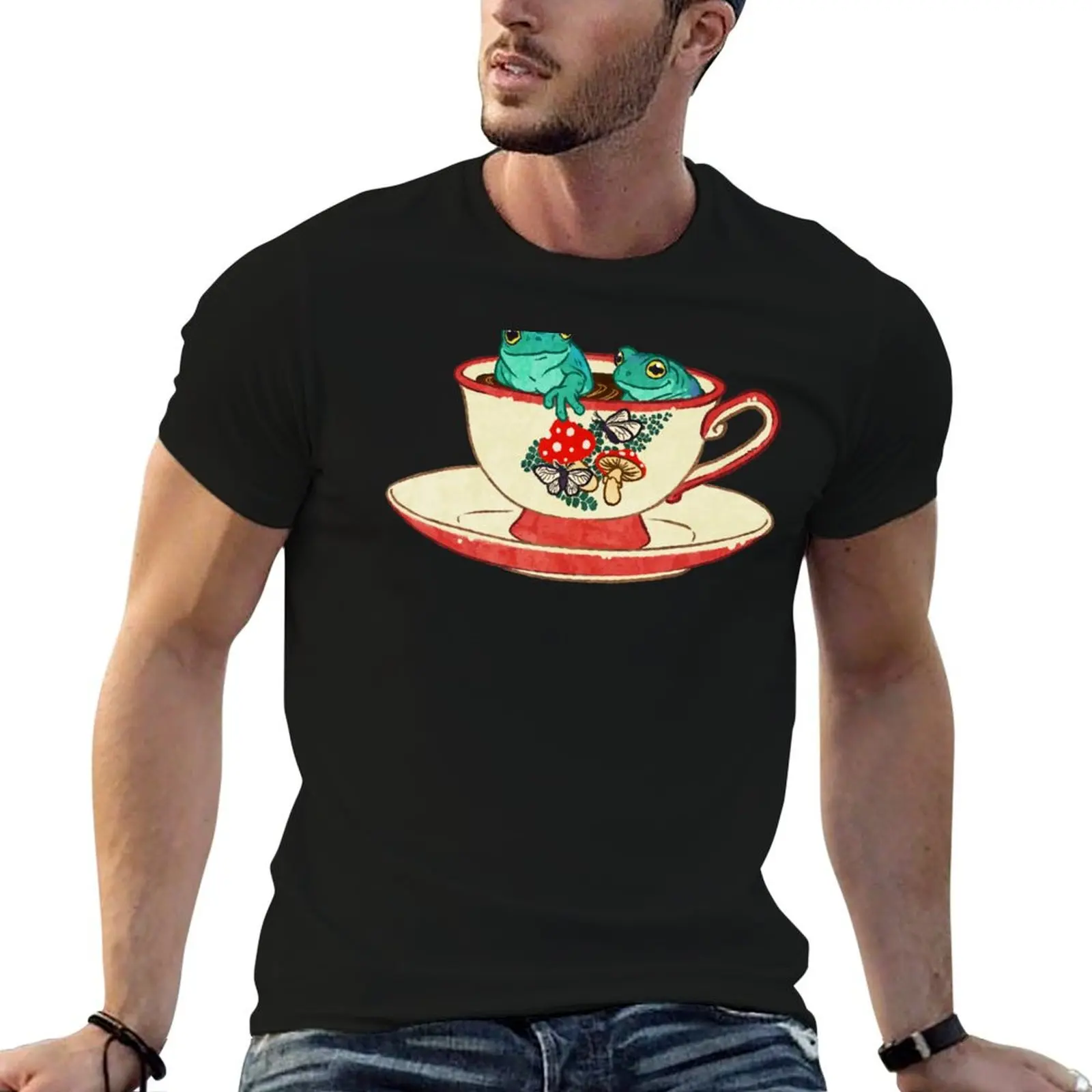 Tea Cup Frogs T-Shirt Casual Basic Short Sleeve T-Shirt