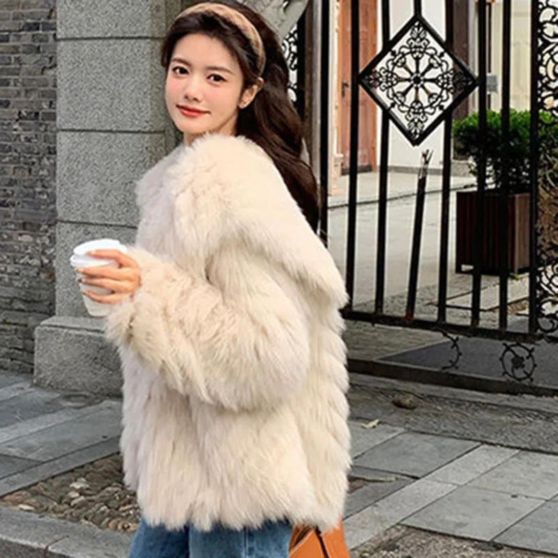 الكورية الإناث الترفيه فو الفراء سترة الخريف الشتاء السيدات طويلة الأكمام الفراء القمم معطف 2025 الراقية المرأة موضة أفخم أبلى