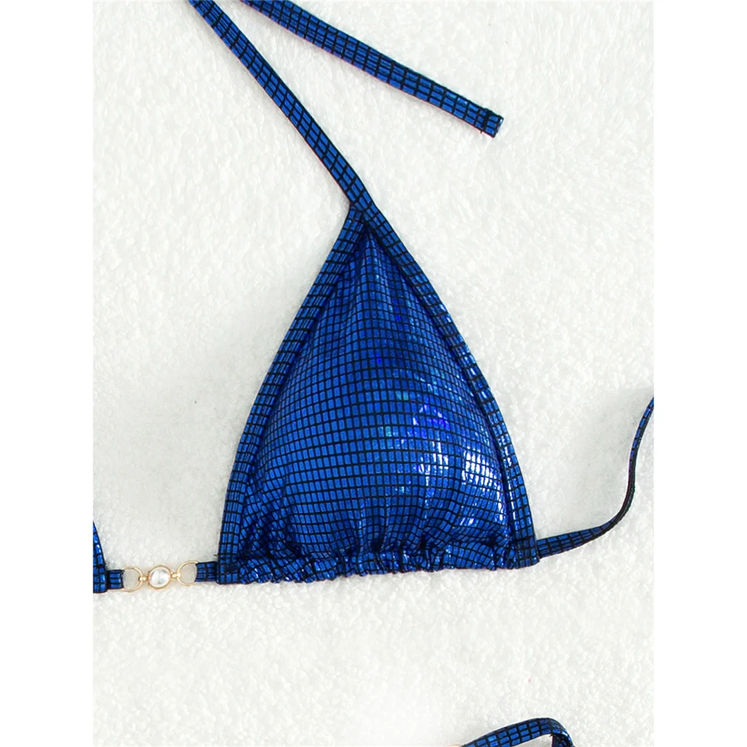 Sexy Perlen-Karomuster-Bikini mit Neckholder, Damen-Badeanzug, zweiteiliges Bikini-Set, Badeanzug mit hohem Beinausschnitt, Badebekleidung, Modell V6025. – Detail 13