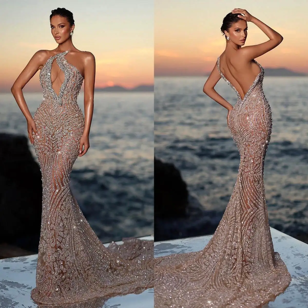 

Sexy Shine Hollow Out Beads Chest Prom Dress Women Evening Dresses 3D-Lace Ball Gown Slim Fit Party Grown Vestidos De Novia