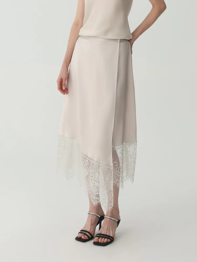 Birdtree, 90% Real Silk 10% Spandex Skirt, Irregular Lace Hem, Women Elastic Waist Chic Elegant Skirts, 2026 Autumn New D69705JF