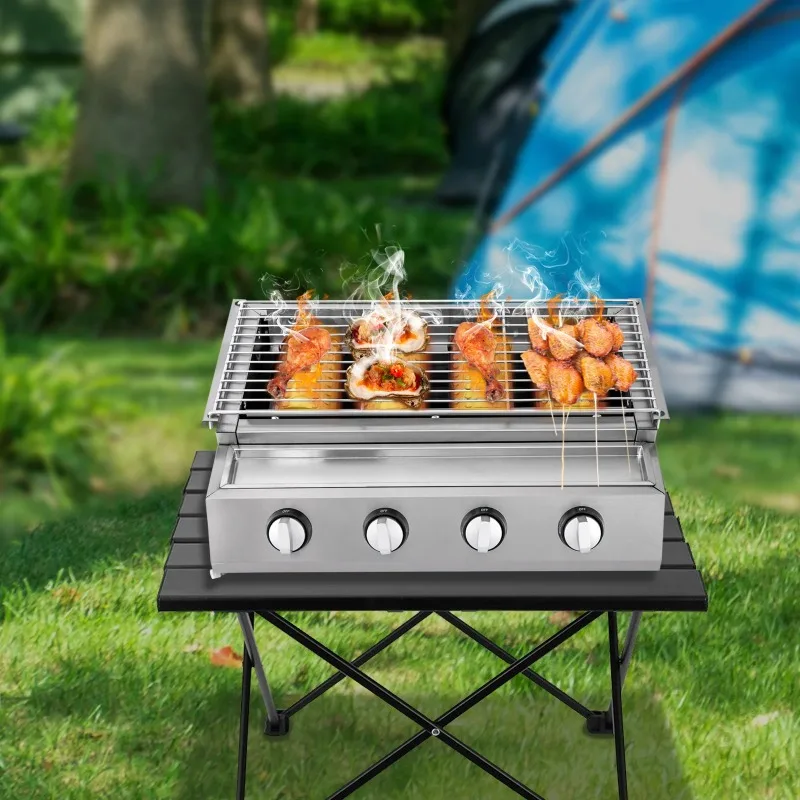 Outdoor barbecue grill, suitable for camping and family gatherings, four head gas pan, stainless steel LPG barbecue grill