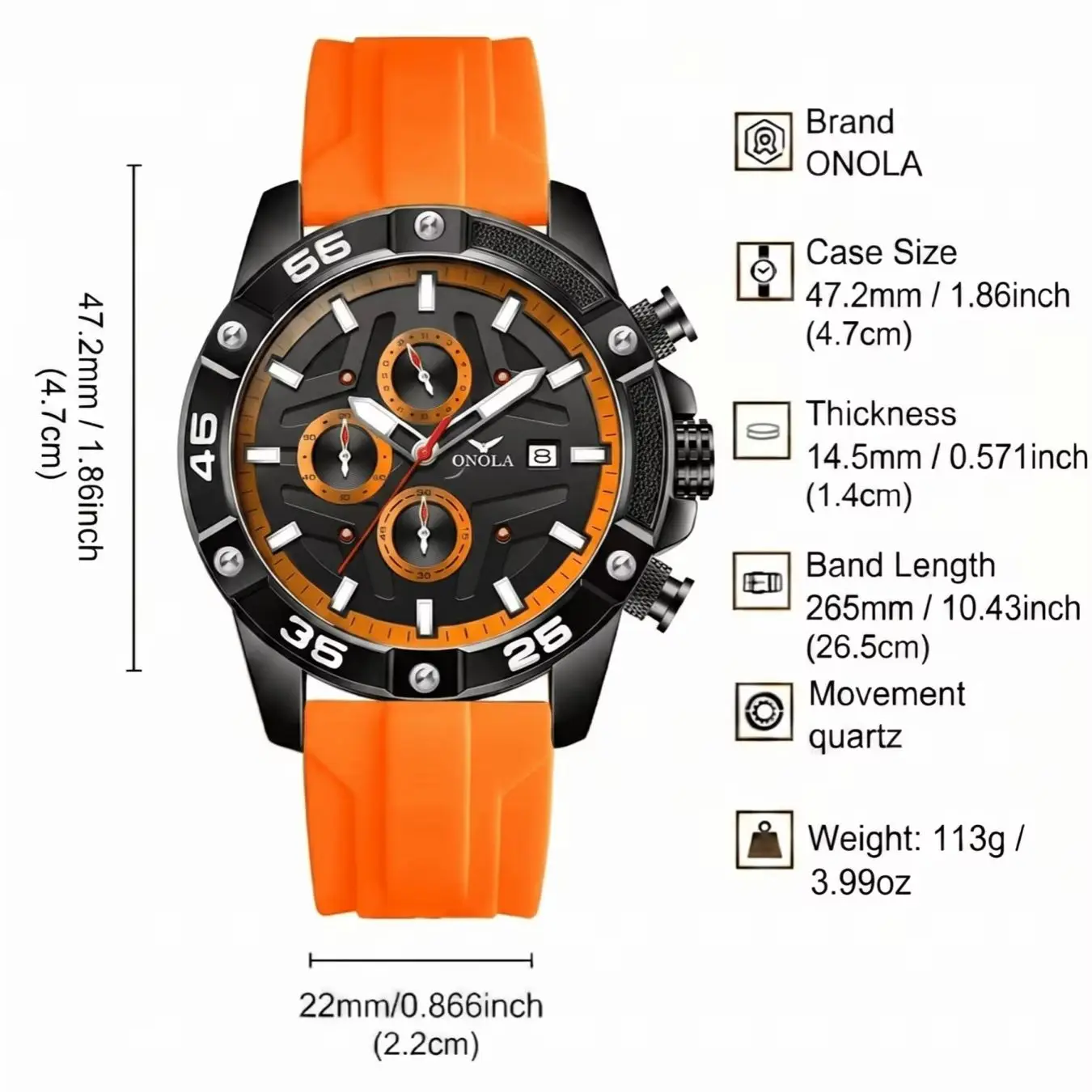 ONOLA Men's Sports Quartz Watch, Multi‑Dial Chronograph, Date Window, Silicone Strap, Outdoor Fashion Wristwatch, Men's Party Gi