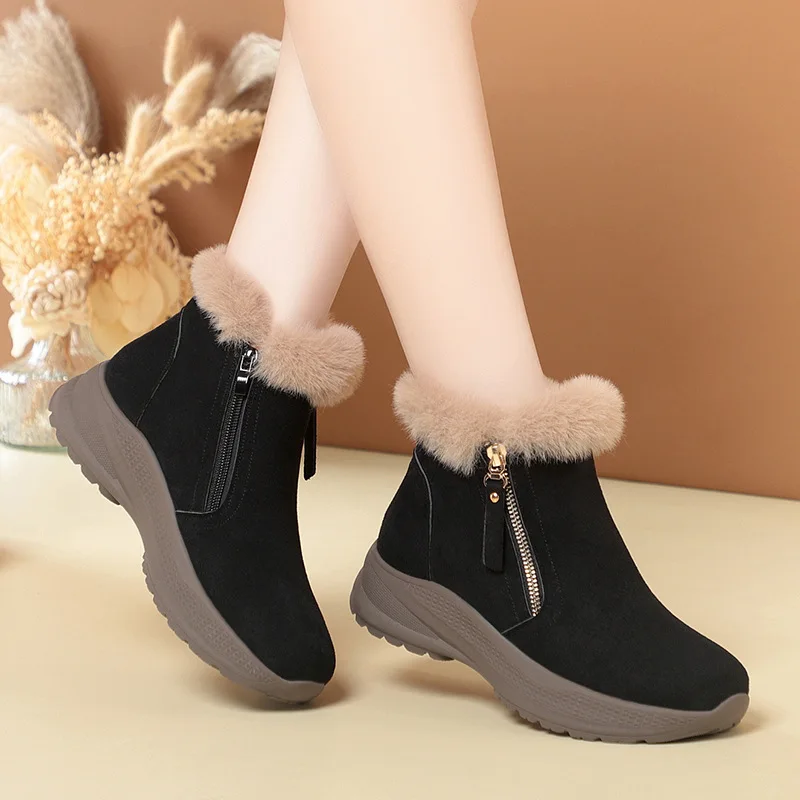 3.5 سنتيمتر مريحة سميكة أحذية منصة مسطحة الشتاء الفراء حذاء من الجلد 2025 كل مباراة الجلد المدبوغ سميكة أفخم الثلوج الأحذية عادية للأم #1