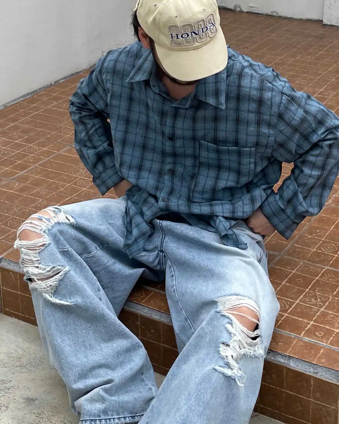 

Loose Long Sve irt Lightweight Comfortable Korean Sle Banana Blue id Texture Faionable Casual irt for Youth