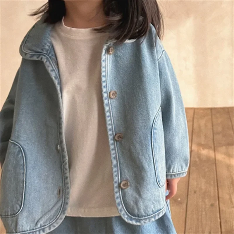 Korean  boys and girls autumn fashion new coat for children Korean casual lapel pocket denim jacket  winter clothes for girls