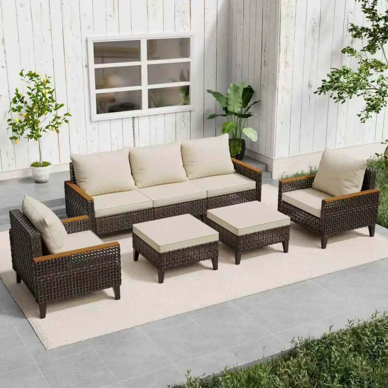 

7 Piece Patio Sectional Sofa Furniture Set, All-Weather Wicker Rattan Outdoor Conversation Set, Porch, Poolside, Beige