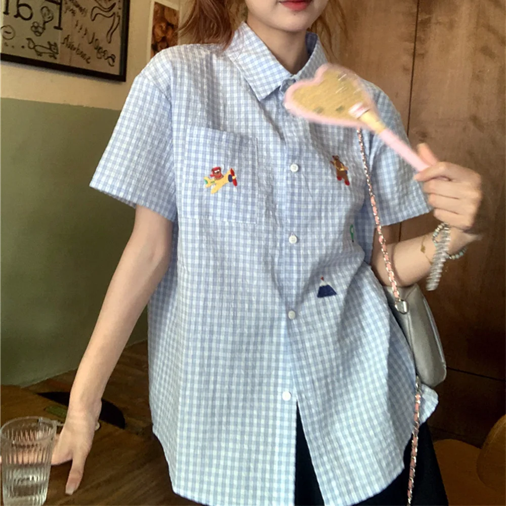 Polo Collar Plaid Short-sleeved Shirt Female 2024 Summer Blouse Cartoon Embroidery Loose Casual Shirt Outer Top Women\'s Clothing