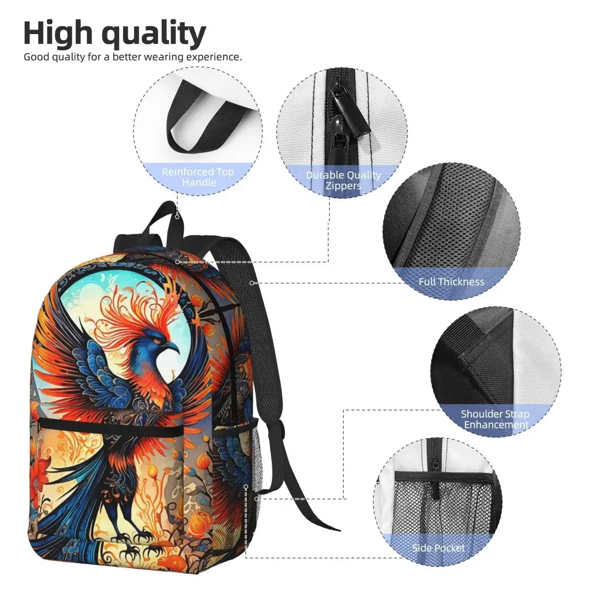 Phoenix Floral Print Backpack Student BookBag Kids School Bag Laptop Shoulder Bags for Men Women