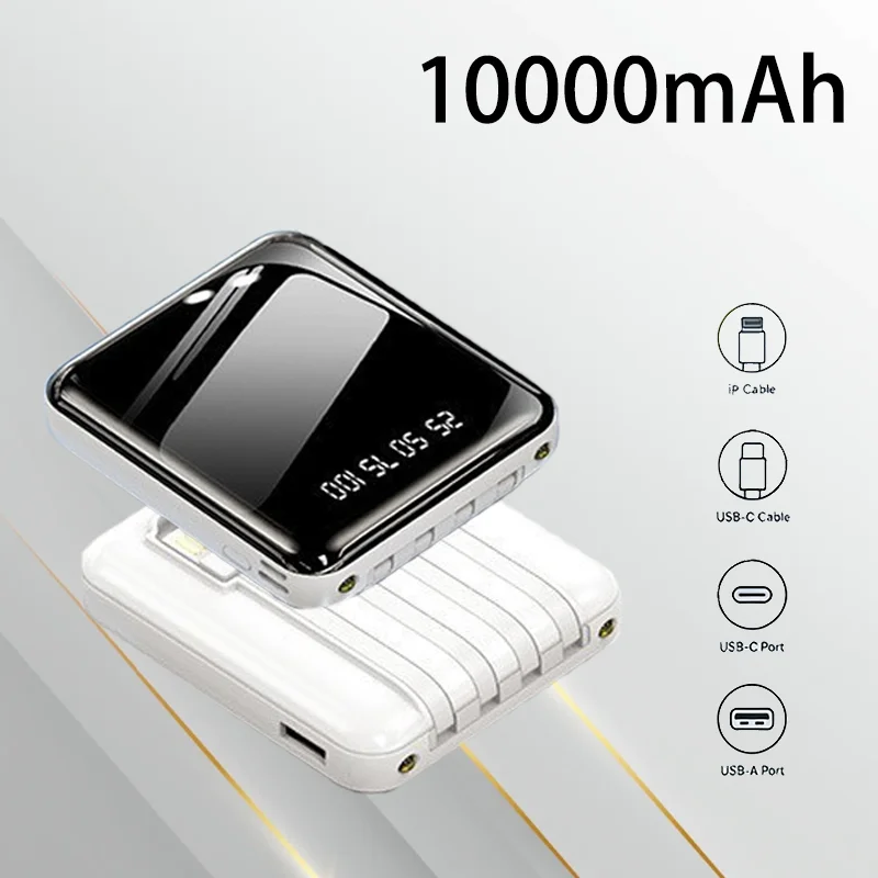 

Портативный мини-пауэрбанк со встроенным кабелем, 10000 мАч, LED-дисплей, большая емкость, аварийное внешнее зарядное устройство