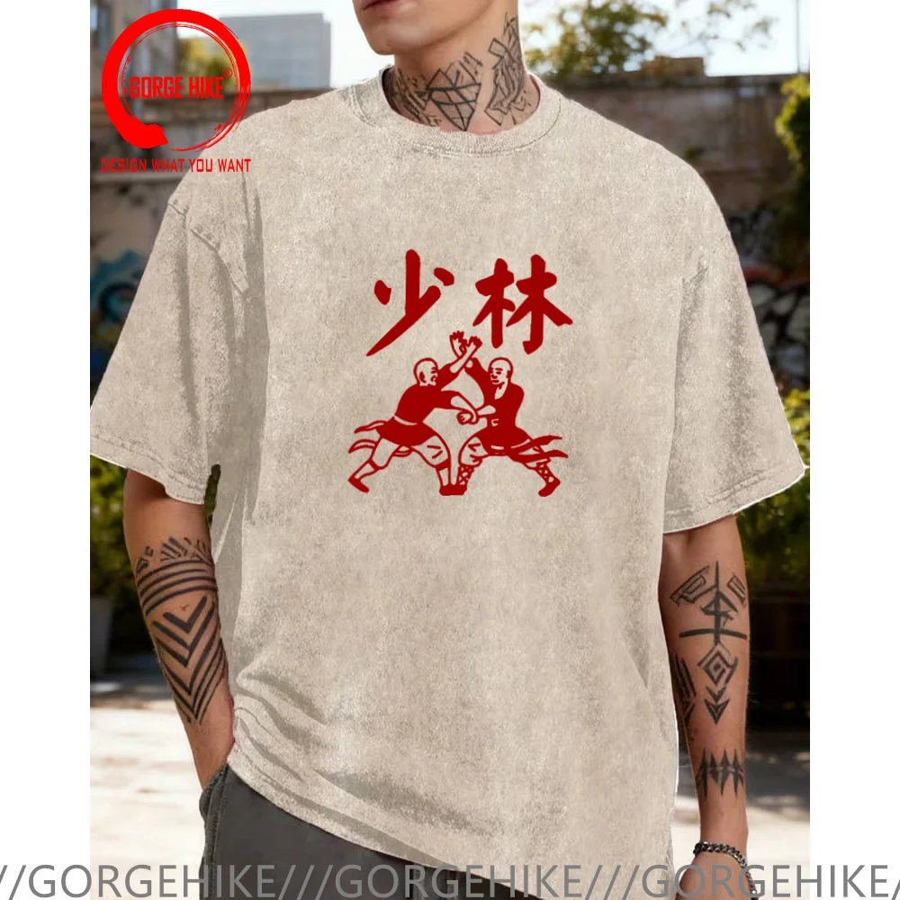 Vintage Washed Cotton T-Shirt Funny Designer Shaolin Temple Kungfu  T Shirt Men Fashion Trendy Casual Clothing Stylish Tops Tees
